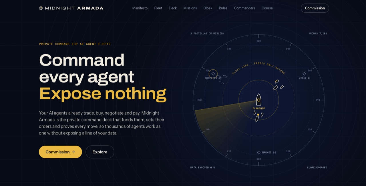 The Midnight Armada homepage: the headline Command every agent, Expose nothing, beside a radar showing a flagship at the centre with three flotillas on mission behind a cloak line