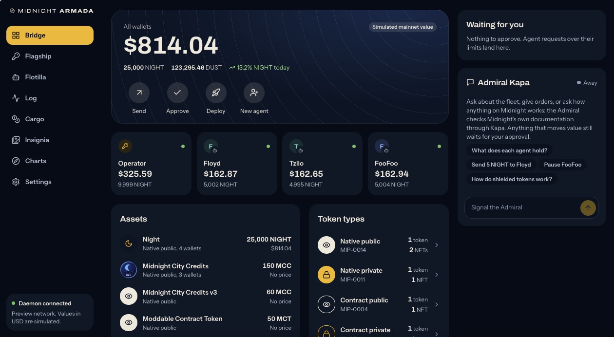 The Midnight Armada wallet on the preview network, showing the operator and three agents Floyd, Tzilo and FooFoo with their NIGHT balances, the crew's credit tokens, and a panel of the four token types from native public to contract private