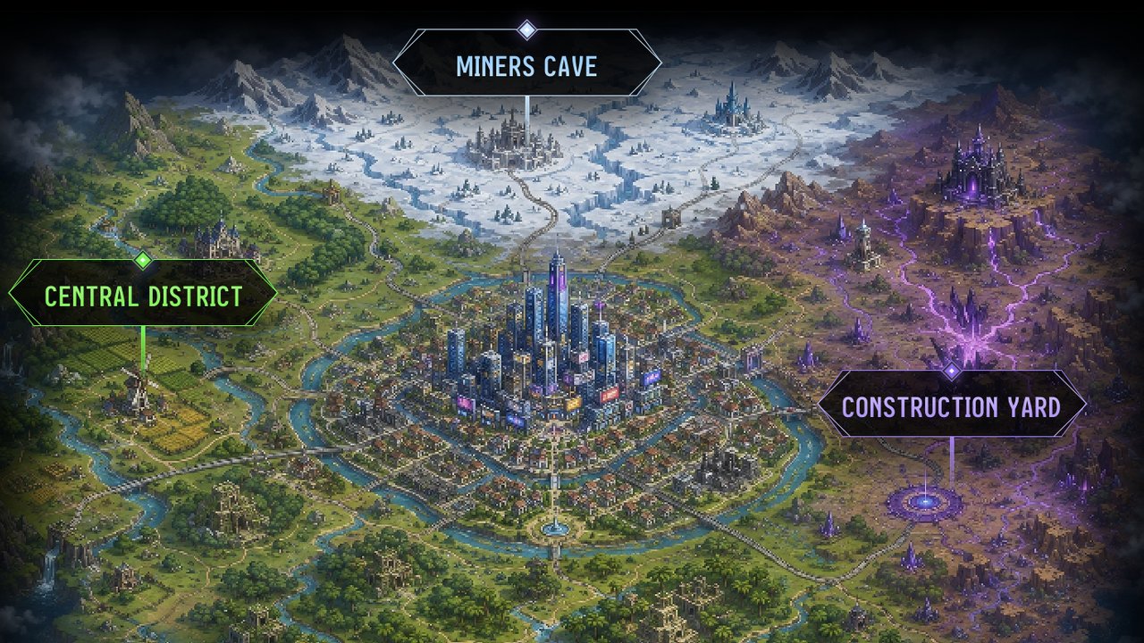 Illustrated map of Midnight City showing the Central District, the Miners Cave and the Construction Yard around a central skyline