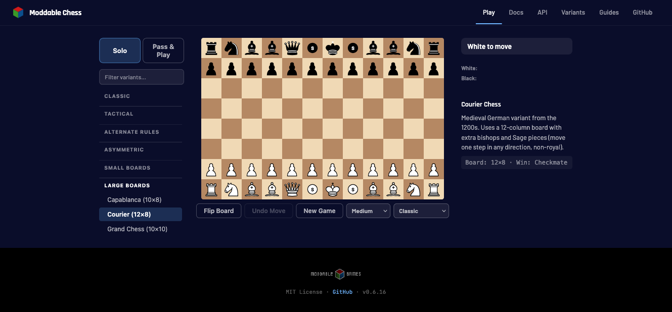 Moddable Chess Engine showing Courier Chess variant on a 12x8 board