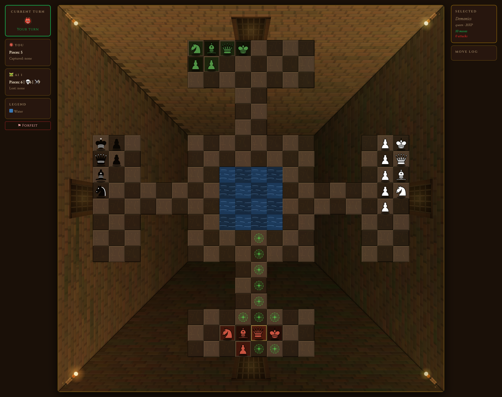 Dungeon Chess showing a 4-faction asymmetric skirmish on a dungeon-themed board