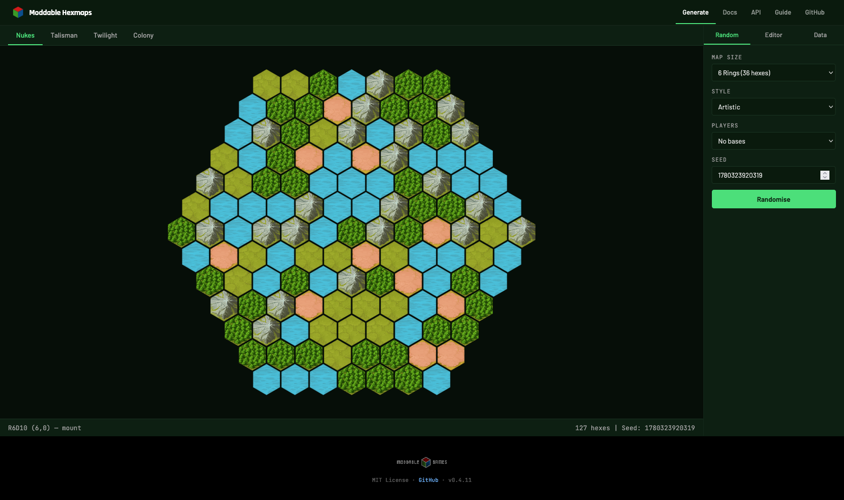 Moddable Hexmaps generator showing a procedural hex map with terrain tiles